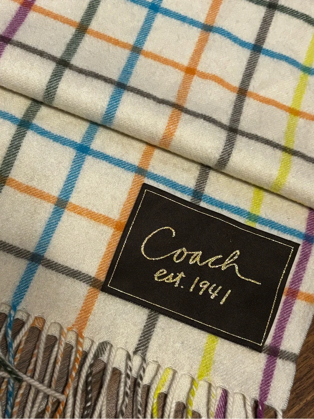 Coach White Plaid Scarf with Multicolor Stripe Accents